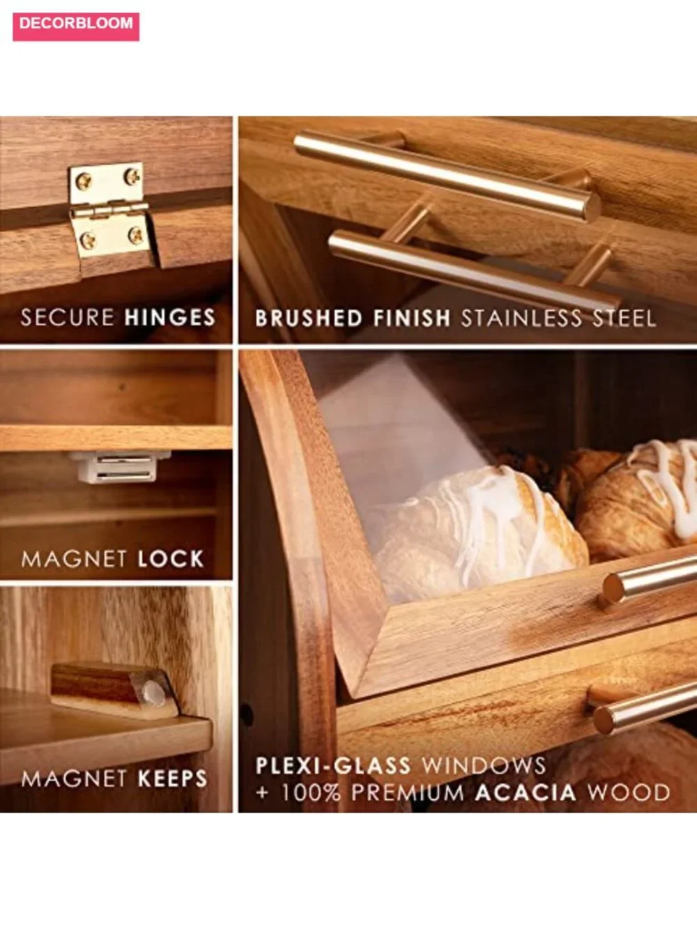 Extra Large 2-Shelf Acacia Wood Bread Box with Clear Windows